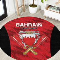 Round red and black cricket-themed carpet rug with Bahrain Cricket title and crest