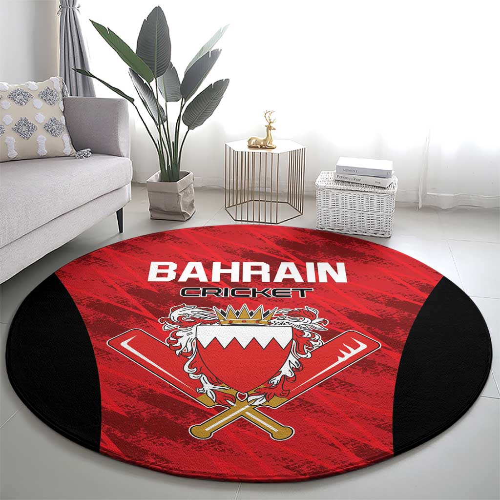 Round red carpet rug with Bahrain Cricket title, lion crest and crossed cricket bats