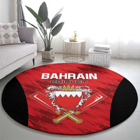 Round red carpet rug with Bahrain Cricket title, lion crest and crossed cricket bats