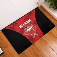 Red and black Bahrain Cricket rubber doormat with center logo and side black panels