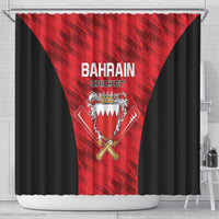 Red Bahrain cricket shower curtain with crest triangle emblem and black side panels