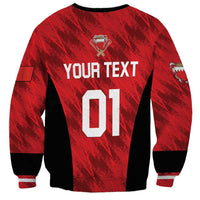 Red cricket sweatshirt with back 'YOUR TEXT' and number 01, crest graphic