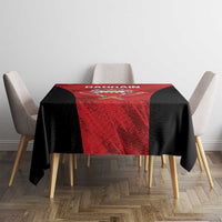 Bahrain cricket tablecloth over table with red printed center and black skirts