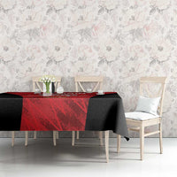 Bahrain cricket tablecloth on dining set, red center panel with black sides