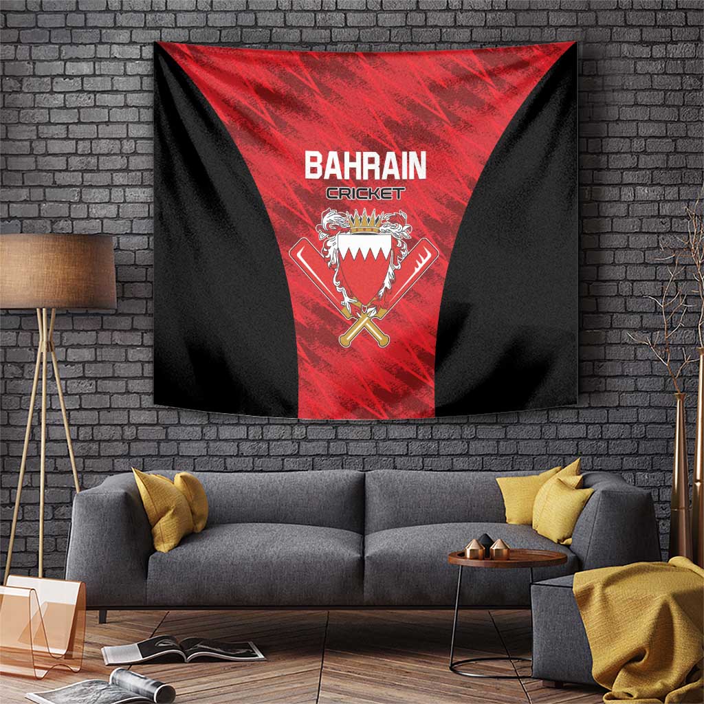 Red and black Bahrain cricket tapestry with crest and “BAHRAIN CRICKET” text