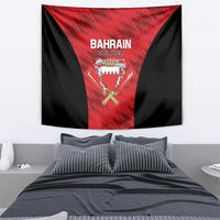 Red and black cricket tapestry with Bahrain crest and “BAHRAIN CRICKET” lettering