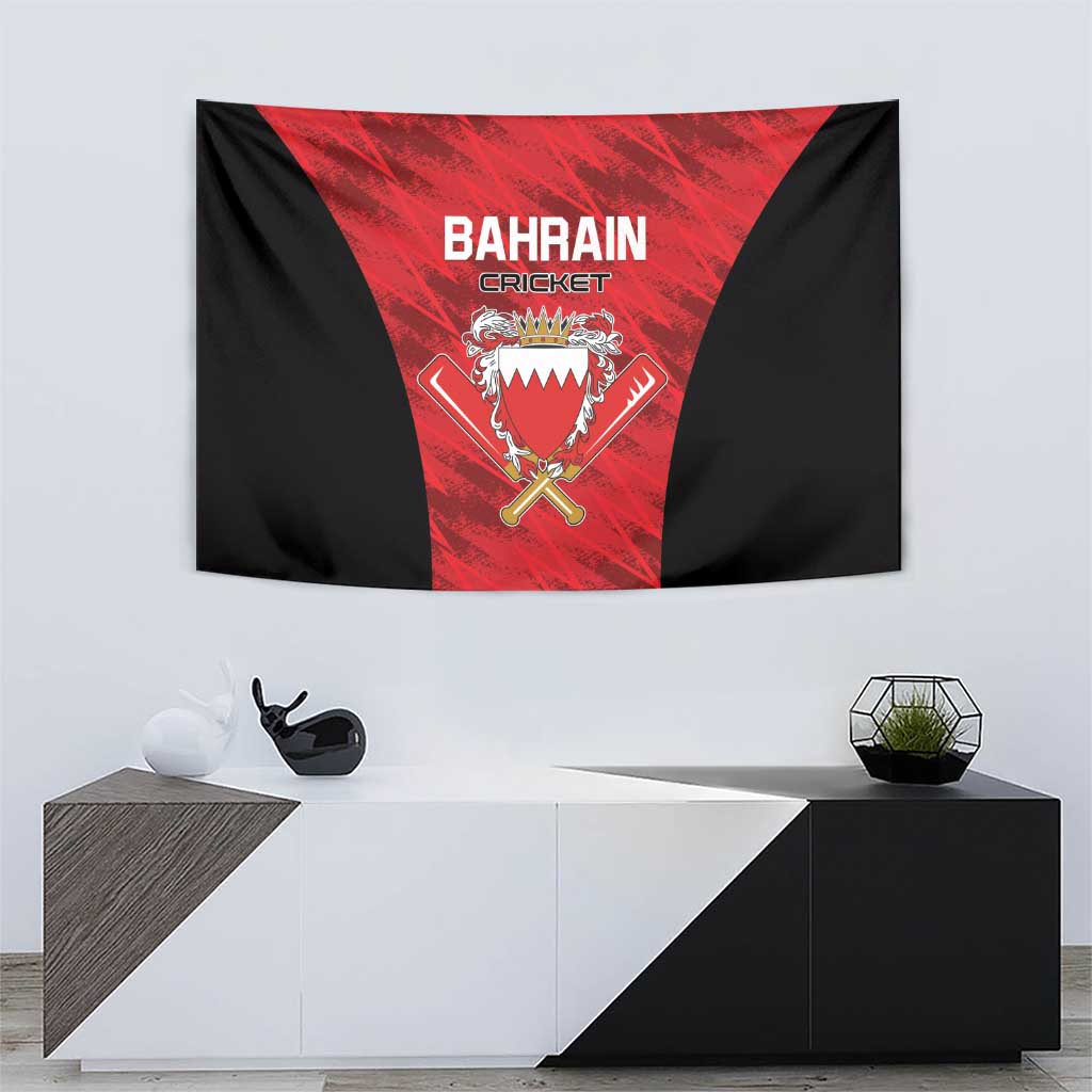 Red and black Bahrain cricket tapestry with central shield crest and crossed bats