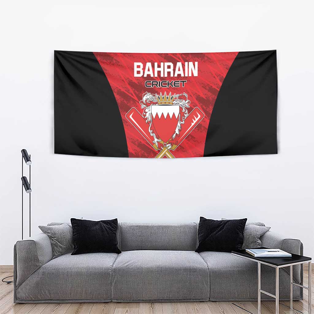 Red and black Bahrain cricket tapestry featuring a shield crest and crossed bats