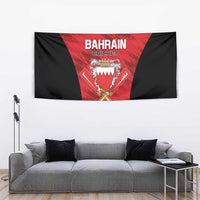Red and black Bahrain cricket tapestry featuring a shield crest and crossed bats