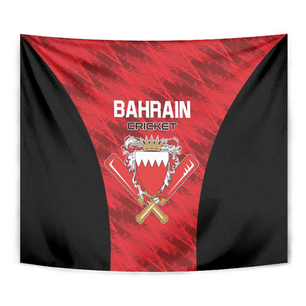 Red and black cricket tapestry with “BAHRAIN CRICKET” text and crest detail