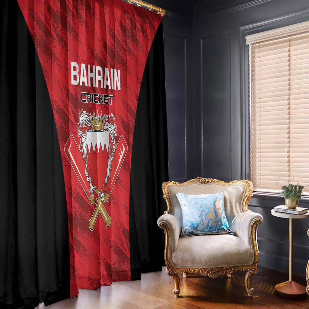 Red and black Bahraini cricket window curtain panel with team crest and text