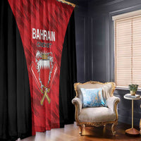Red and black Bahraini cricket window curtain panel with team crest and text