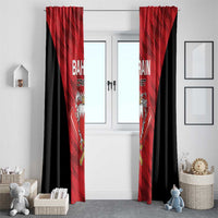 Red and black window curtain set with “BAHRAIN CRICKET” print and crossed bat logo