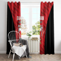 Red and black window curtains with “BAHRAIN CRICKET” crest and crossed bat graphic