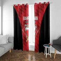 Red and black grommet-top window curtains with “BAHRAIN CRICKET” crest and bats