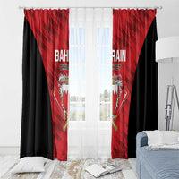 Red and black ring-top window curtain panels with “BAHRAIN CRICKET” crest graphic