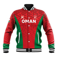 Red and green cricket baseball jacket with black striped collar and OM AN front print