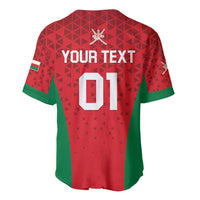 Red cricket baseball jersey with green side panels, YOUR TEXT and large 01 on back