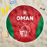 Red and green Oman cricket beach blanket, round with white fringe edge, 150cm