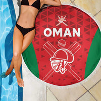 Round Oman cricket beach blanket, red center with green border, white fringe edge, 150cm