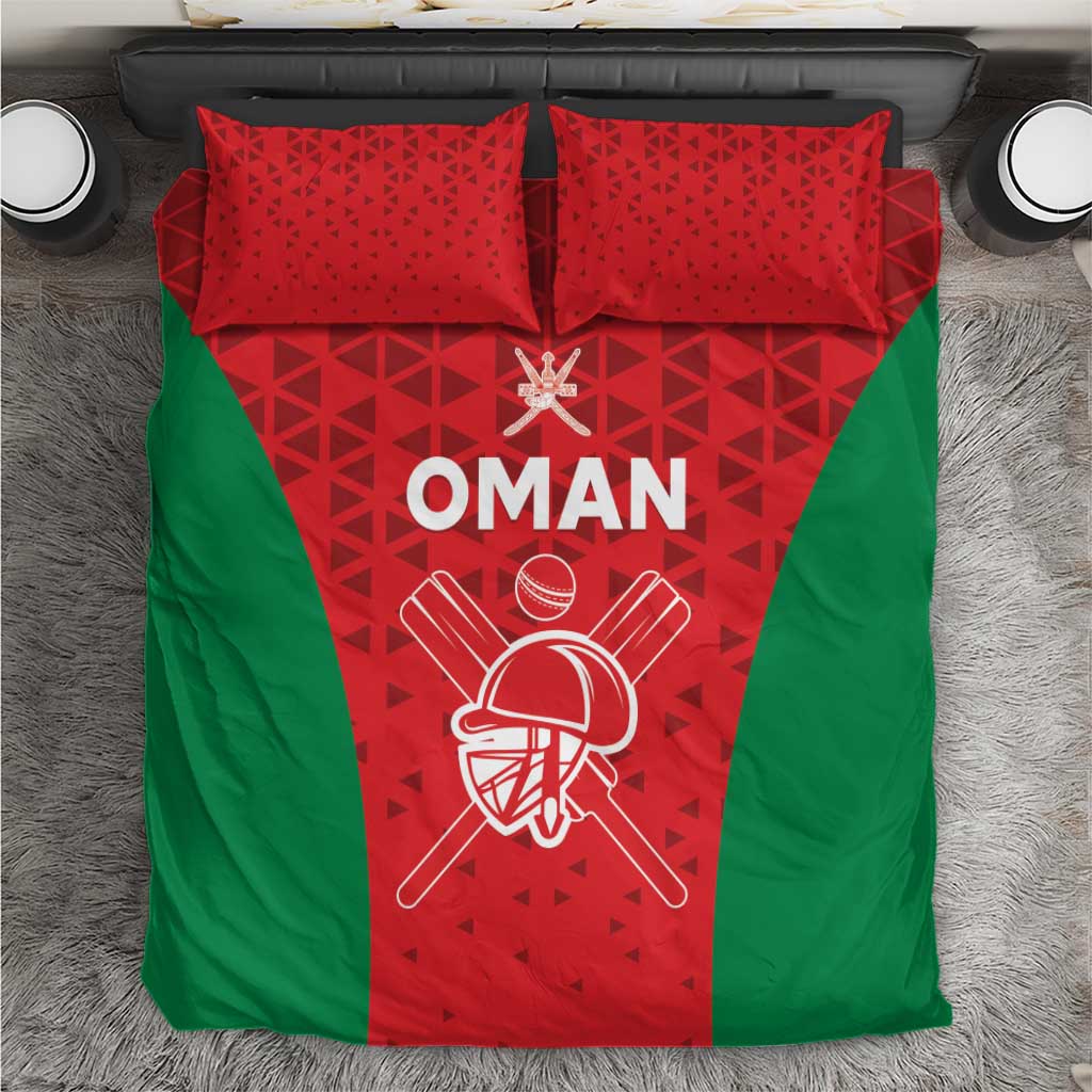 Oman cricket bedding set in red and green with white team graphic and “OMAN” text