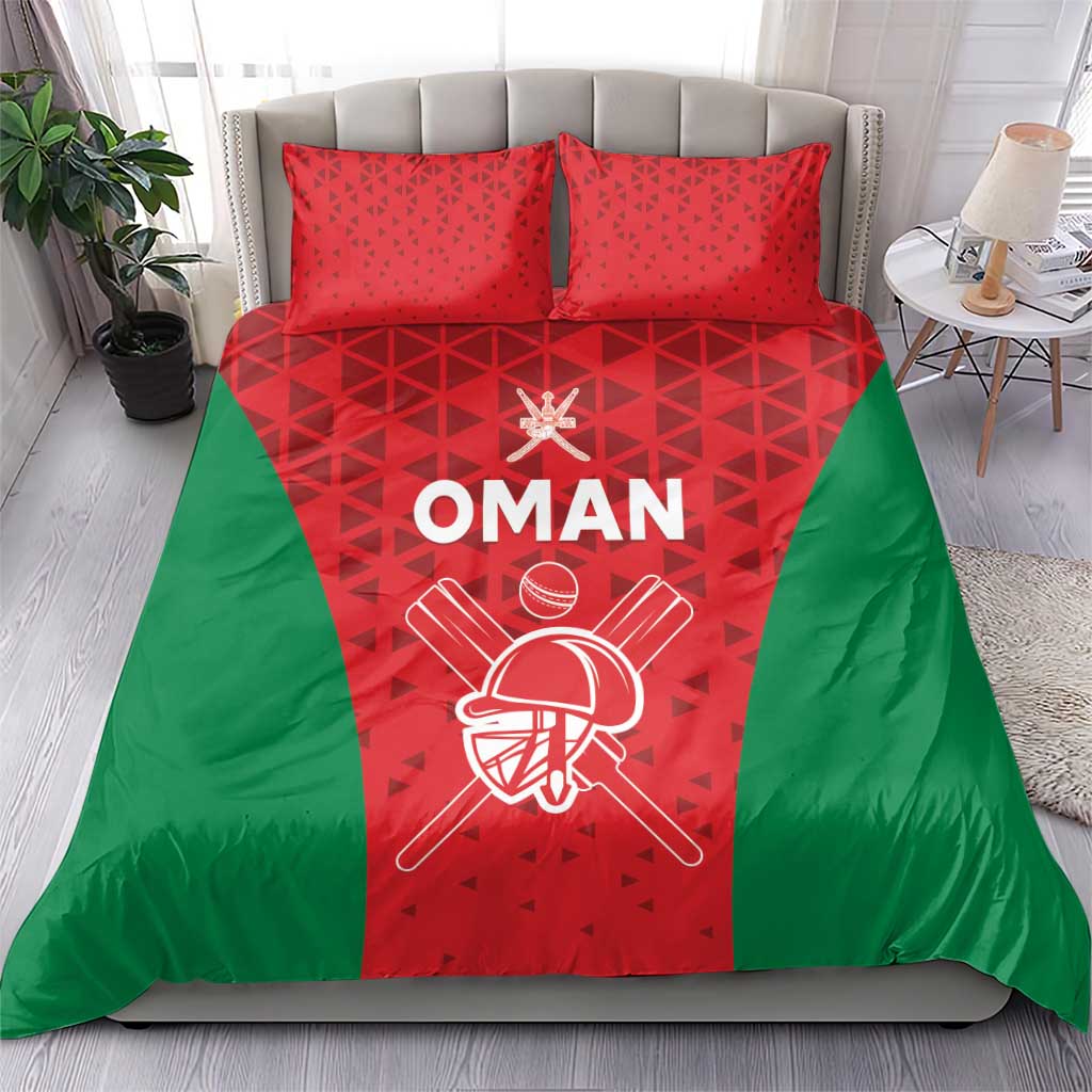Red and green cricket bedding set with white “OMAN” lettering and player helmet graphic