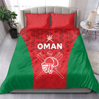 Red and green cricket bedding set with white “OMAN” lettering and player helmet graphic