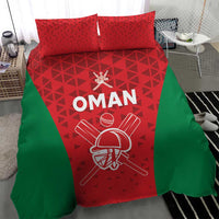 Red, green, and white cricket bedding set featuring “OMAN” text and crossed bat emblem