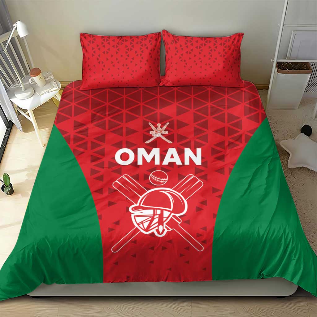 Oman team cricket bedding set with red patterned panel, green sides, and white “OMAN” logo