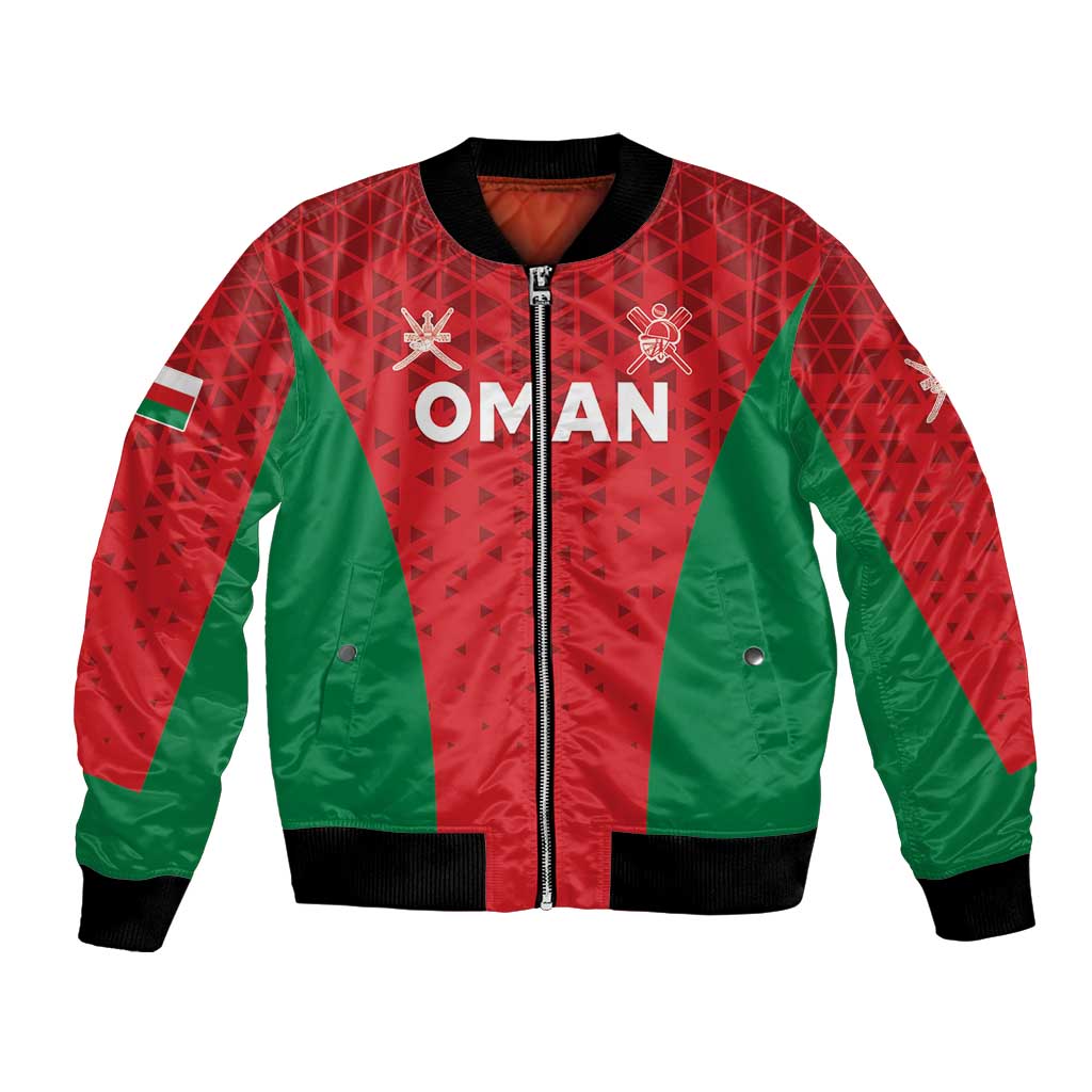 Red & green bomber jacket with black rib trim, front zip, Oman crest