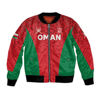 Red & green bomber jacket with black rib trim, front zip, Oman crest