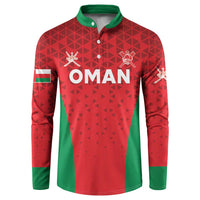 Red and green cricket button sweatshirt with Oman crest, long sleeves, patterned front
