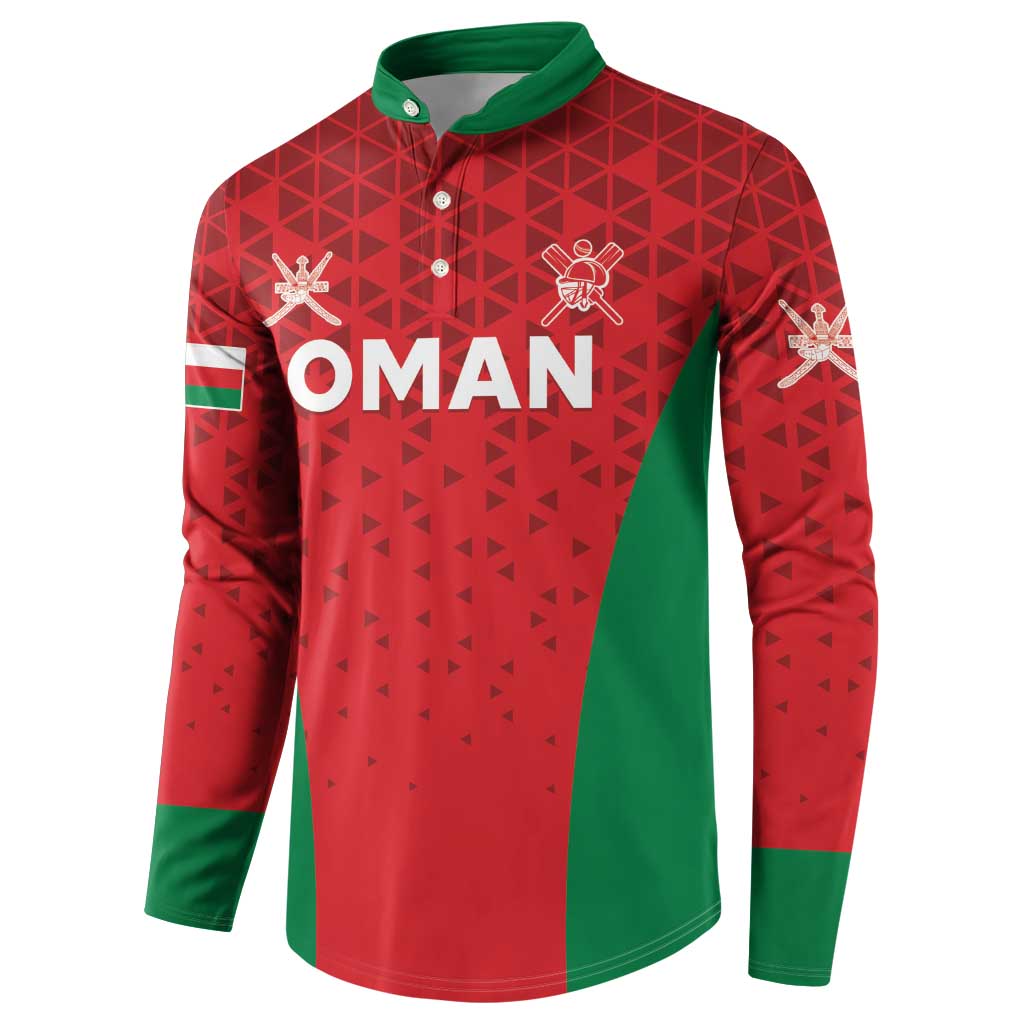 Red and green cricket button sweatshirt with 'OMAN' lettering and crest, long sleeves