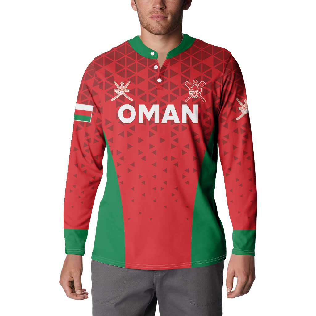 Cricket button sweatshirt with 'OMAN' logo and crest, front view on model