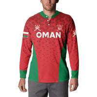 Cricket button sweatshirt with 'OMAN' logo and crest, front view on model