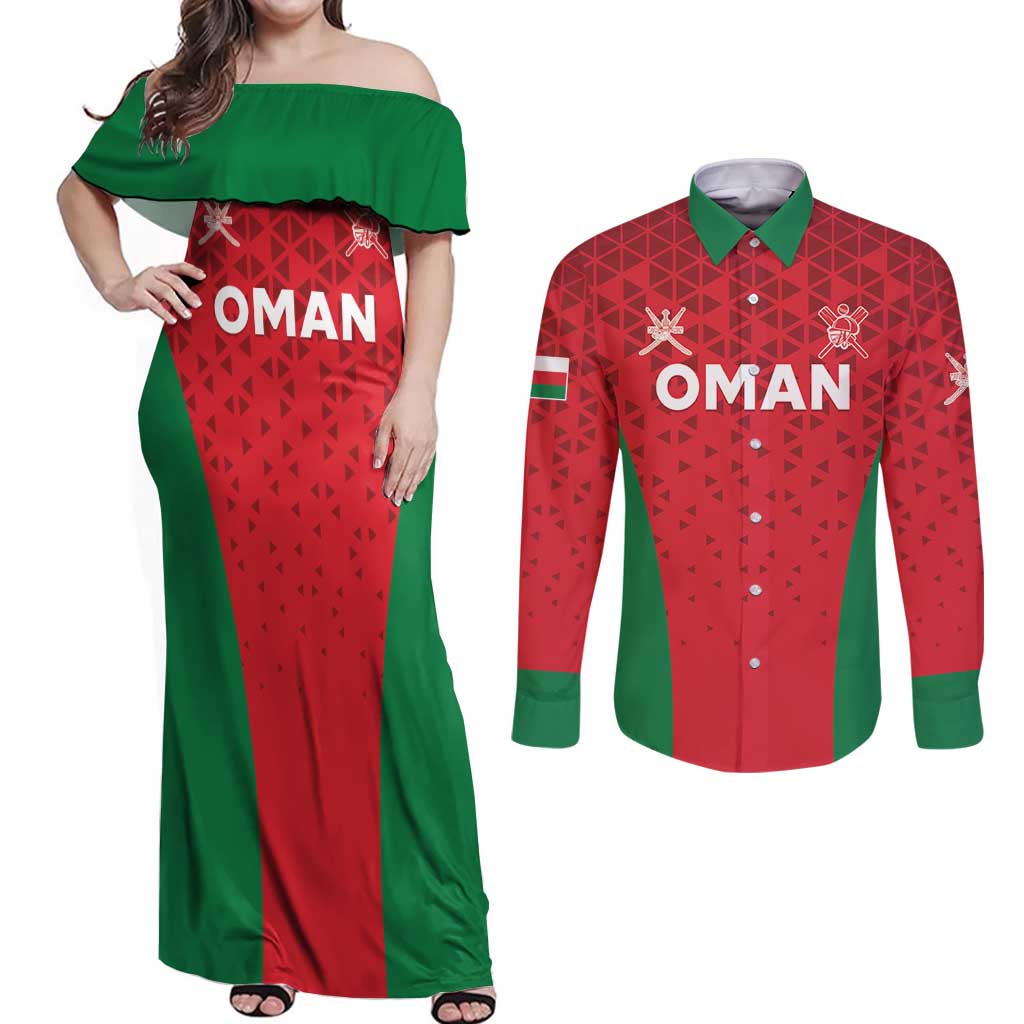 Custom Oman Cricket Couples Matching Off Shoulder Maxi Dress and Long Sleeve Button Shirt Team Oman Come On - Wonder Print Shop