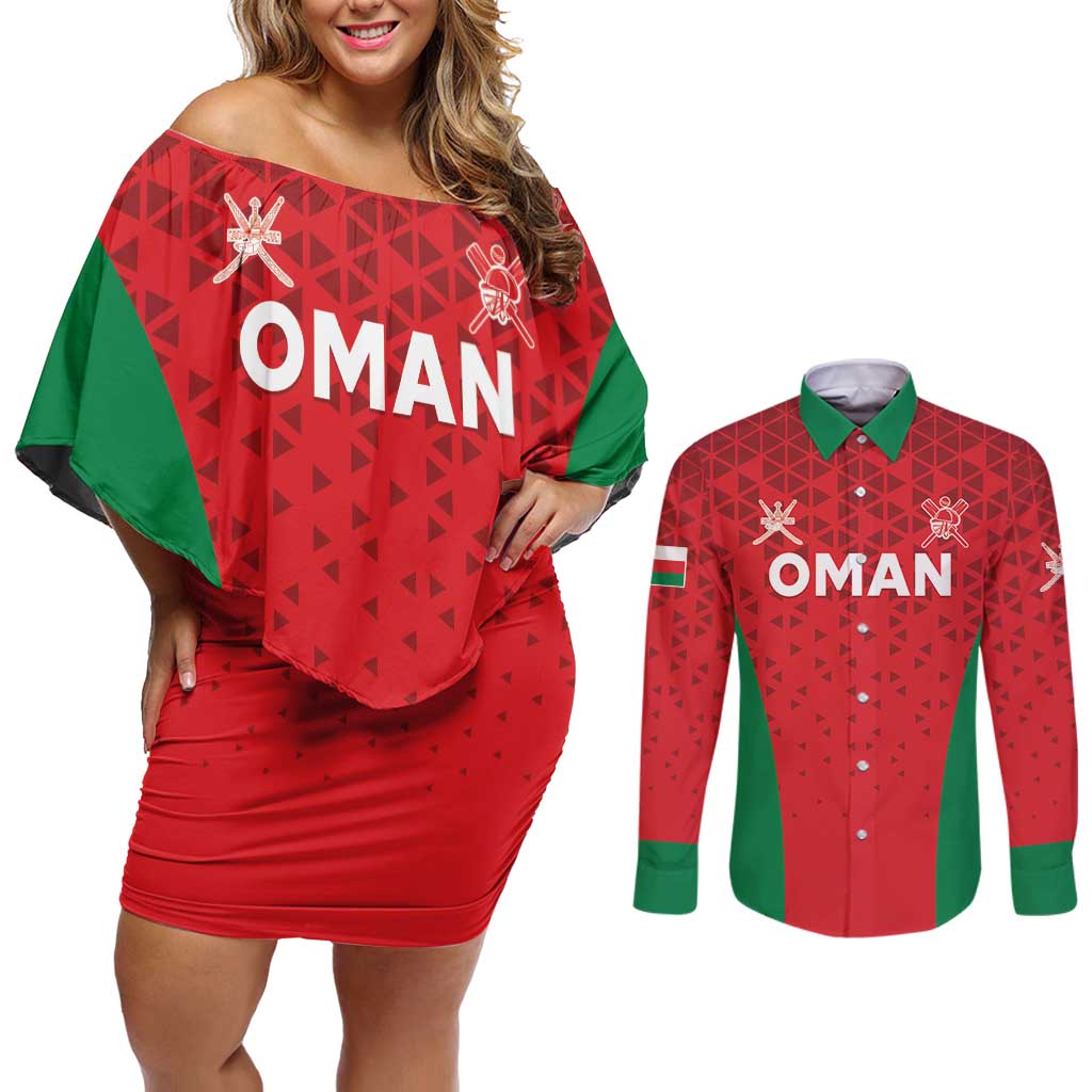 Custom Oman Cricket Couples Matching Off Shoulder Short Dress and Long Sleeve Button Shirt Team Oman Come On - Wonder Print Shop