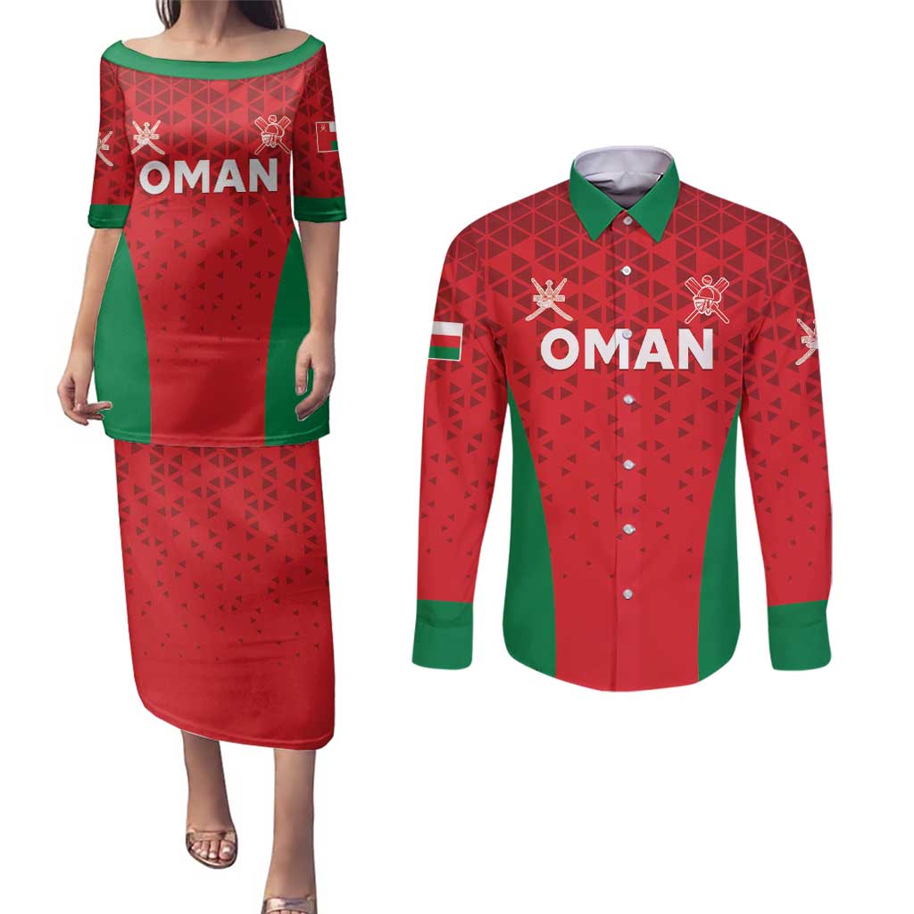 Custom Oman Cricket Couples Matching Puletasi and Long Sleeve Button Shirt Team Oman Come On - Wonder Print Shop