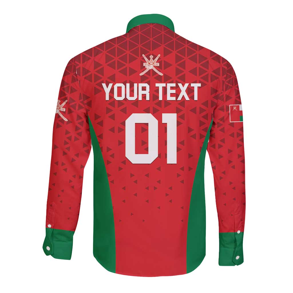 Red long-sleeve button shirt back with green stripe, YOUR TEXT and 01 print, geometric pattern