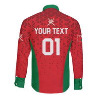 Red long-sleeve button shirt back with green stripe, YOUR TEXT and 01 print, geometric pattern