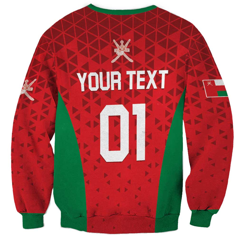 Red crewneck sweatshirt with green trim, geometric pattern, YOUR TEXT and number 01 back print