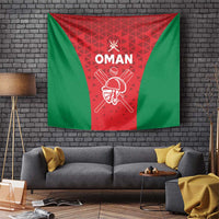 Green, red Oman team tapestry flag with white crest and crossed swords design