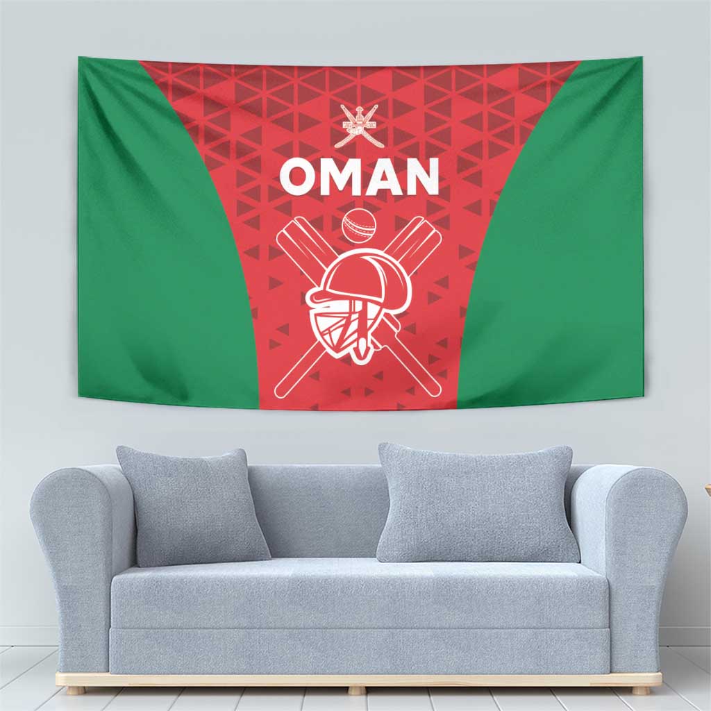 Oman flag tapestry with green side panels, red central panel, and white Oman crest