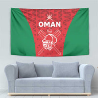 Oman flag tapestry with green side panels, red central panel, and white Oman crest