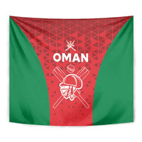 Oman team tapestry with green edges, red geometric center, and white crest