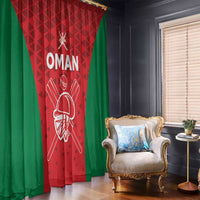Oman cricket window curtain in red and green with large team logo and text