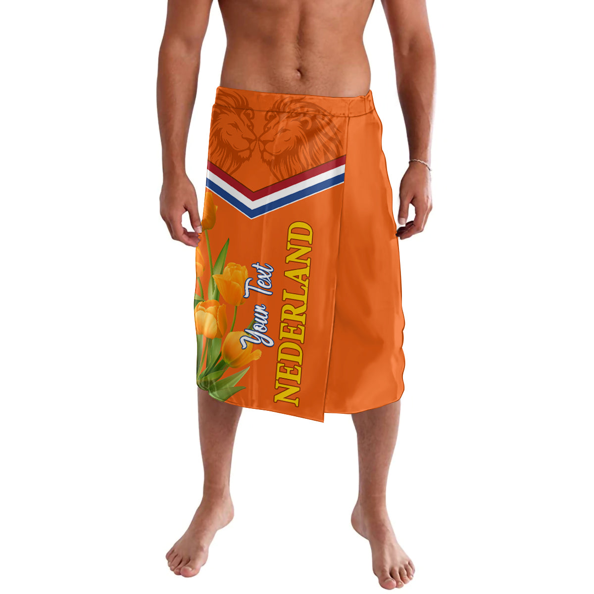Orange wrap skirt with elastic waistband, floral print and 'Nederland' ribbon