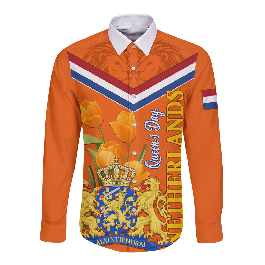Orange long-sleeve button shirt with tulip, crown and crest graphic, pointed collar