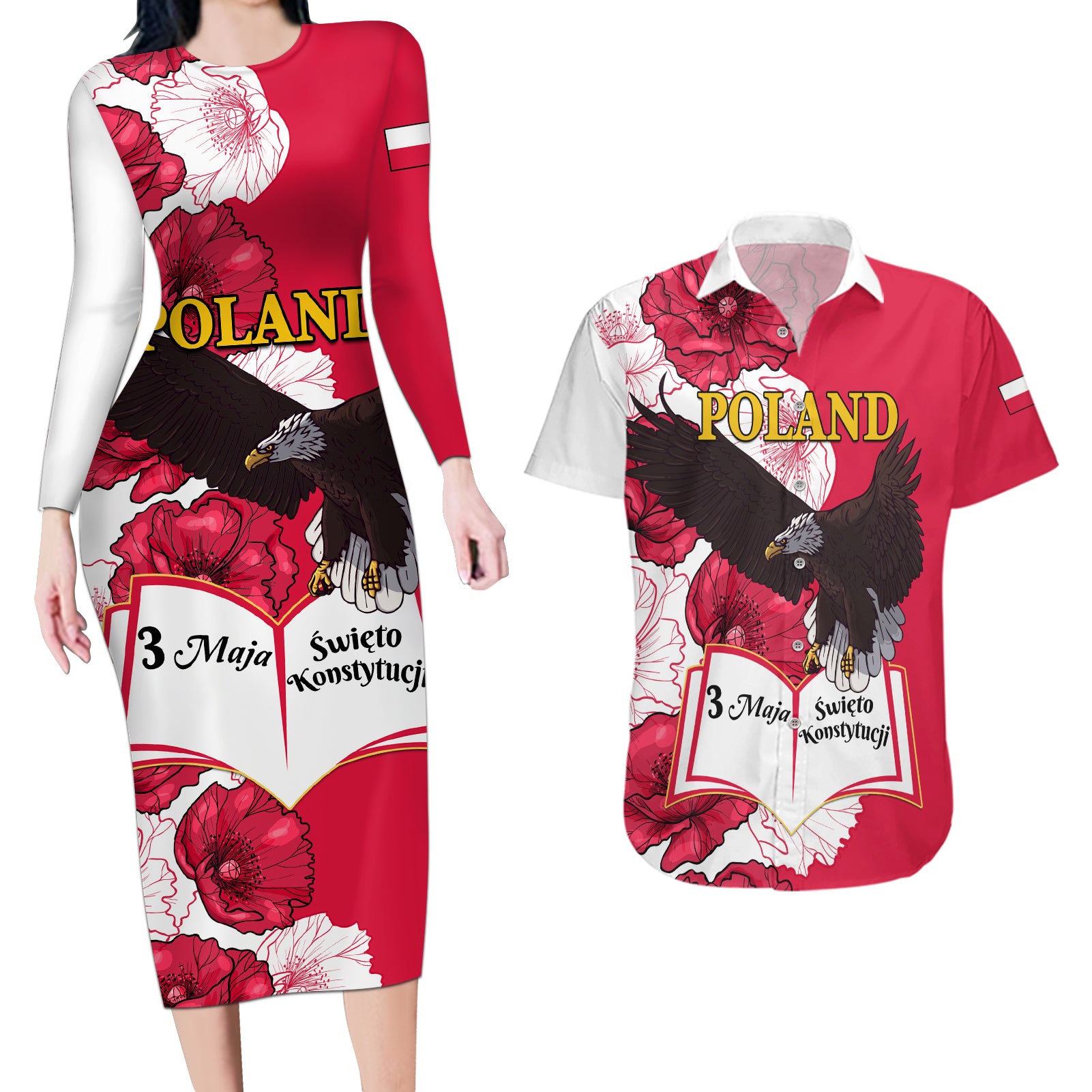 Poland Constitution Day 2024 Couples Matching Long Sleeve Bodycon Dress and Hawaiian Shirt Polska Swieto Konstytucji 3 Maja - Wonder Print Shop