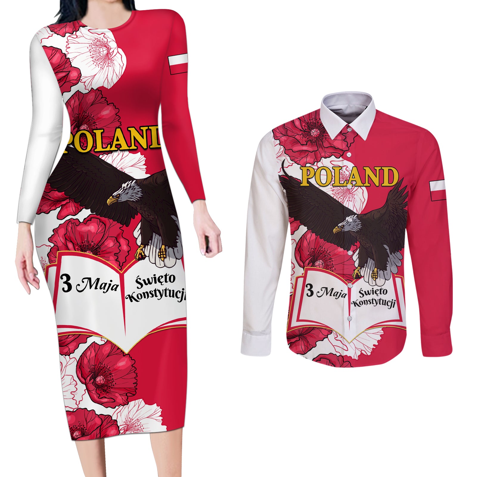 Poland Constitution Day 2024 Couples Matching Long Sleeve Bodycon Dress and Long Sleeve Button Shirt Polska Swieto Konstytucji 3 Maja - Wonder Print Shop